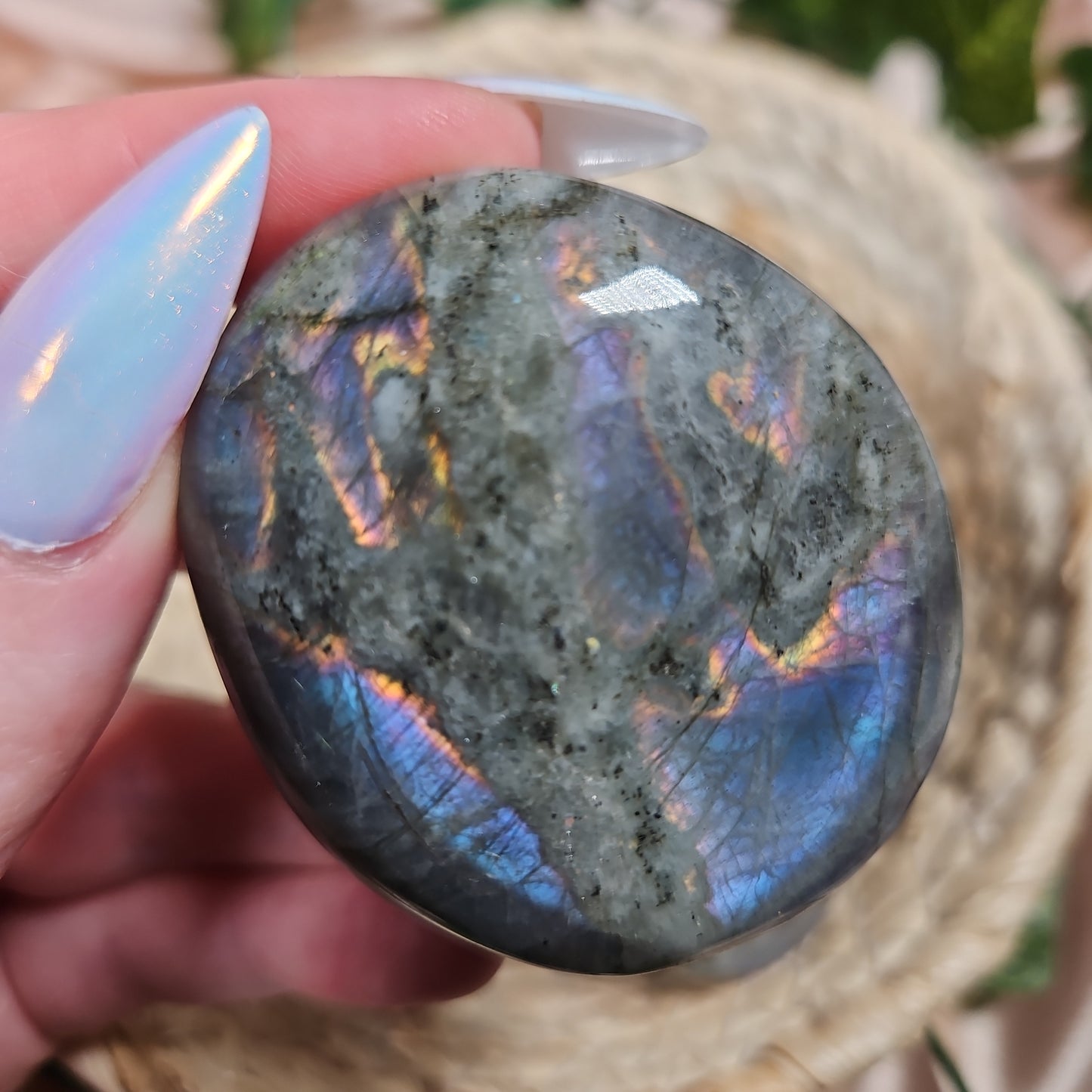 Purple/sunset labradorite palmstone