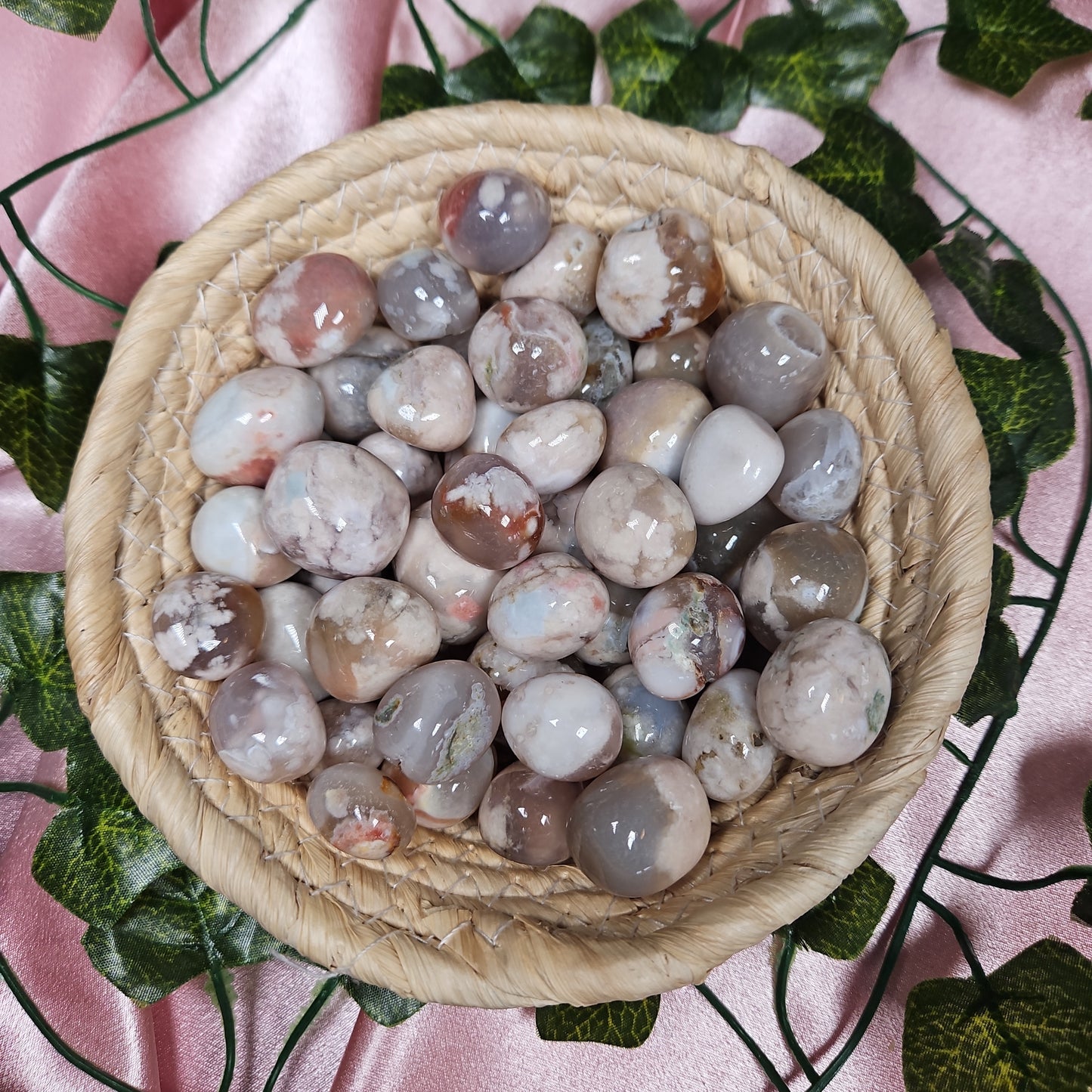 Pink/green flower agate tumble