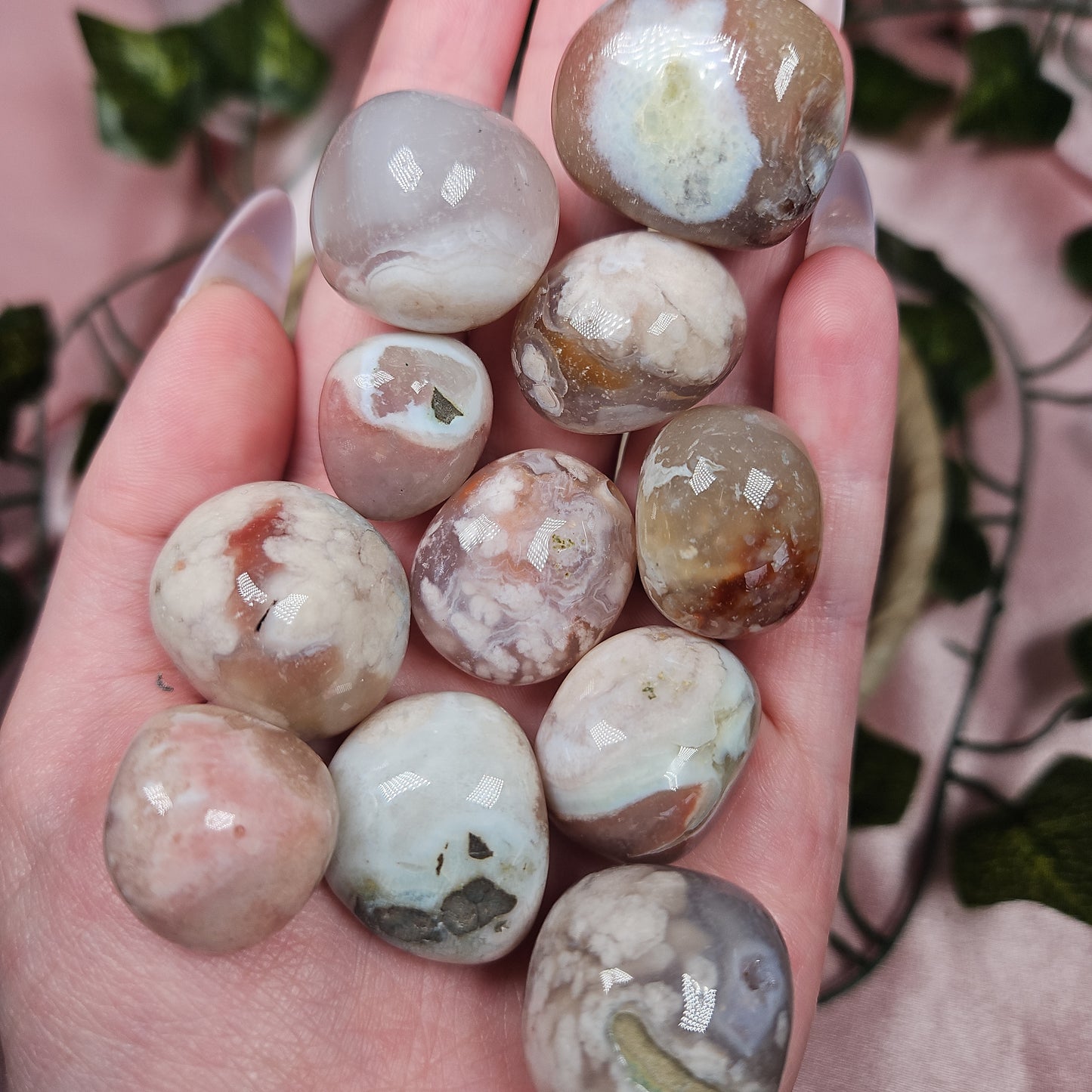 Pink/green flower agate tumble