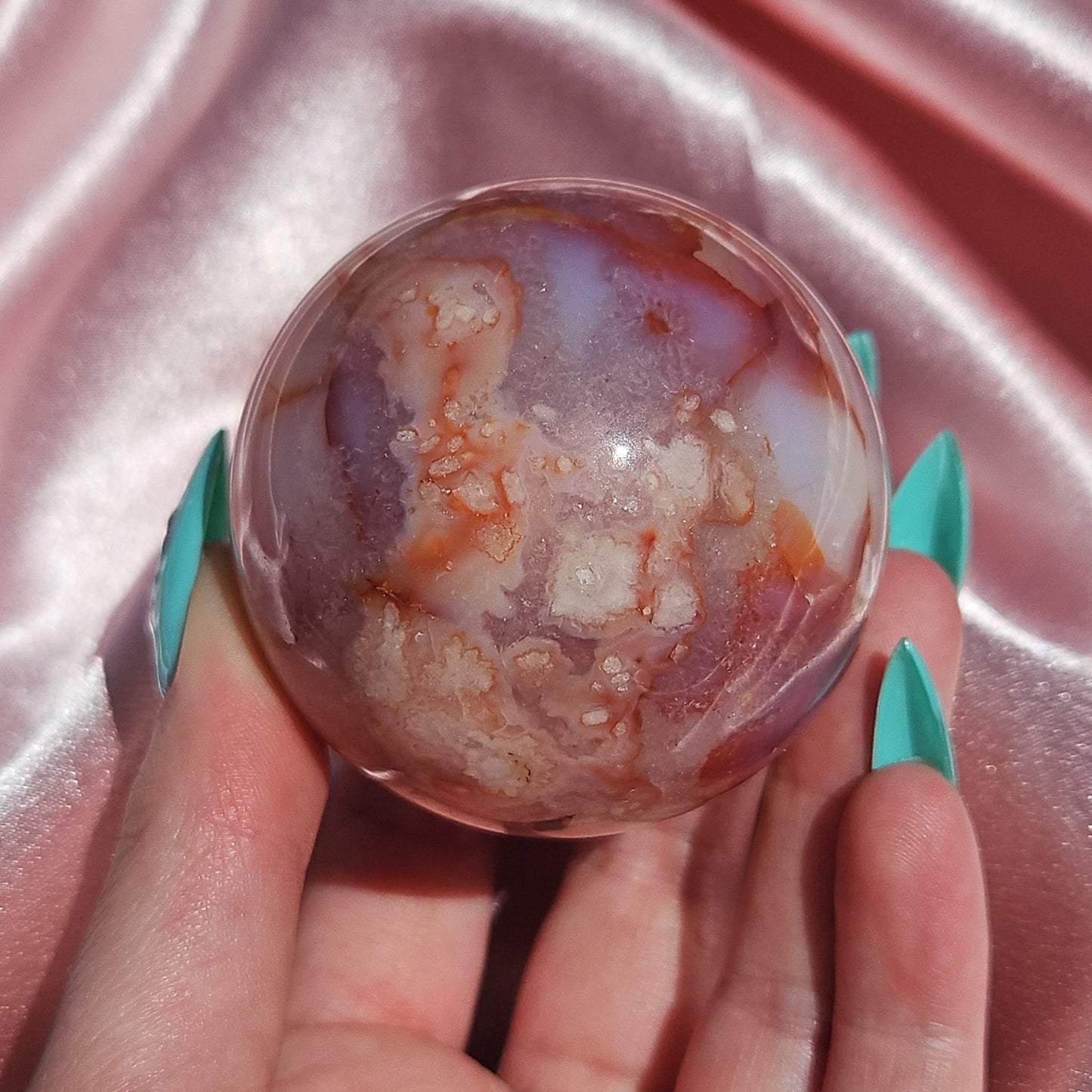 Pink flower agate/ Carnelian sphere
