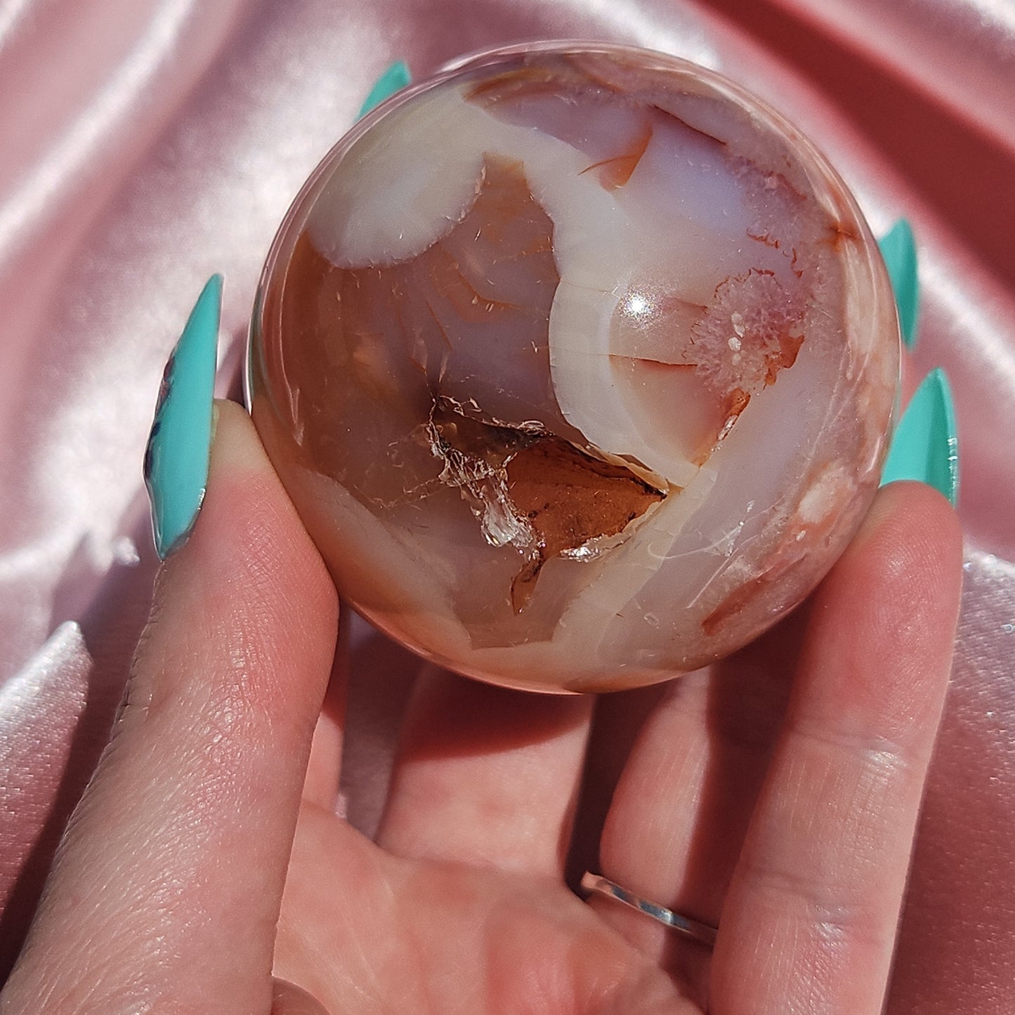 Pink flower agate/ Carnelian sphere