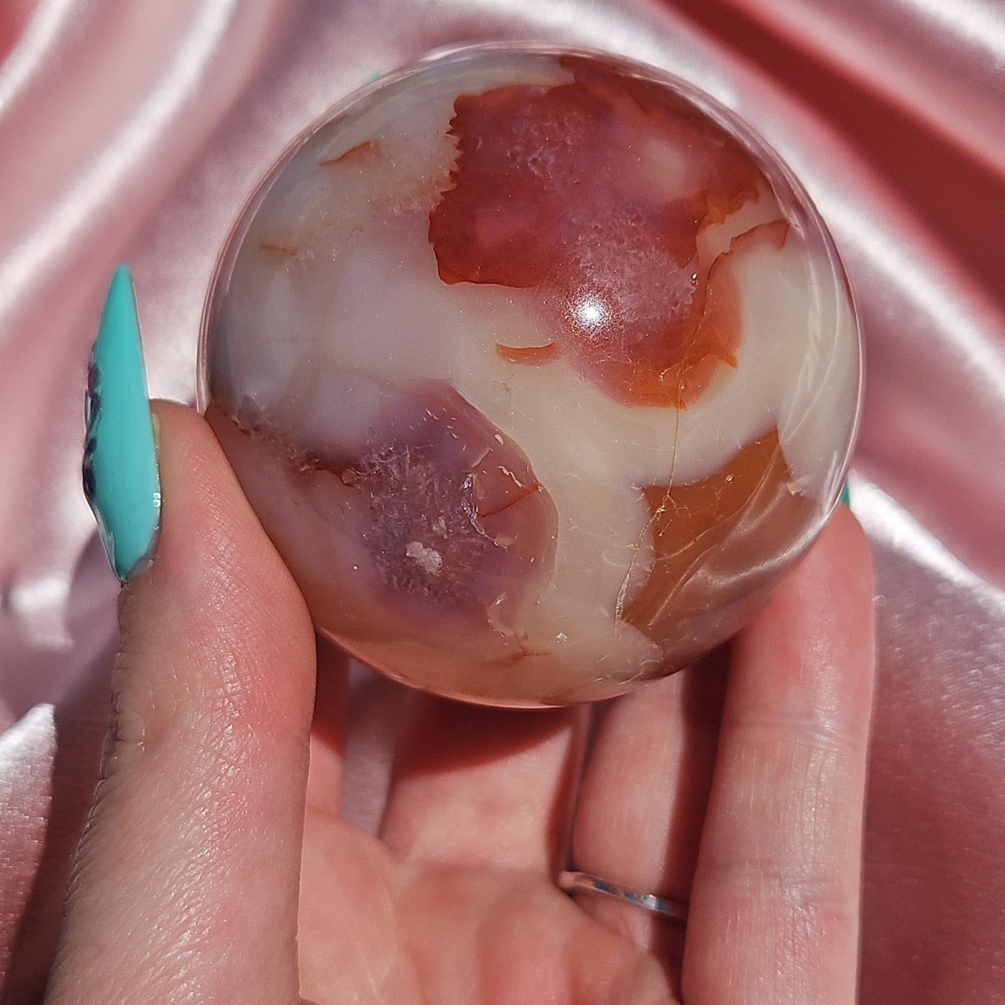 Pink flower agate/ Carnelian sphere