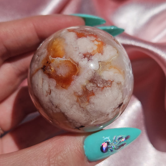 Pink flower agate/ Carnelian sphere