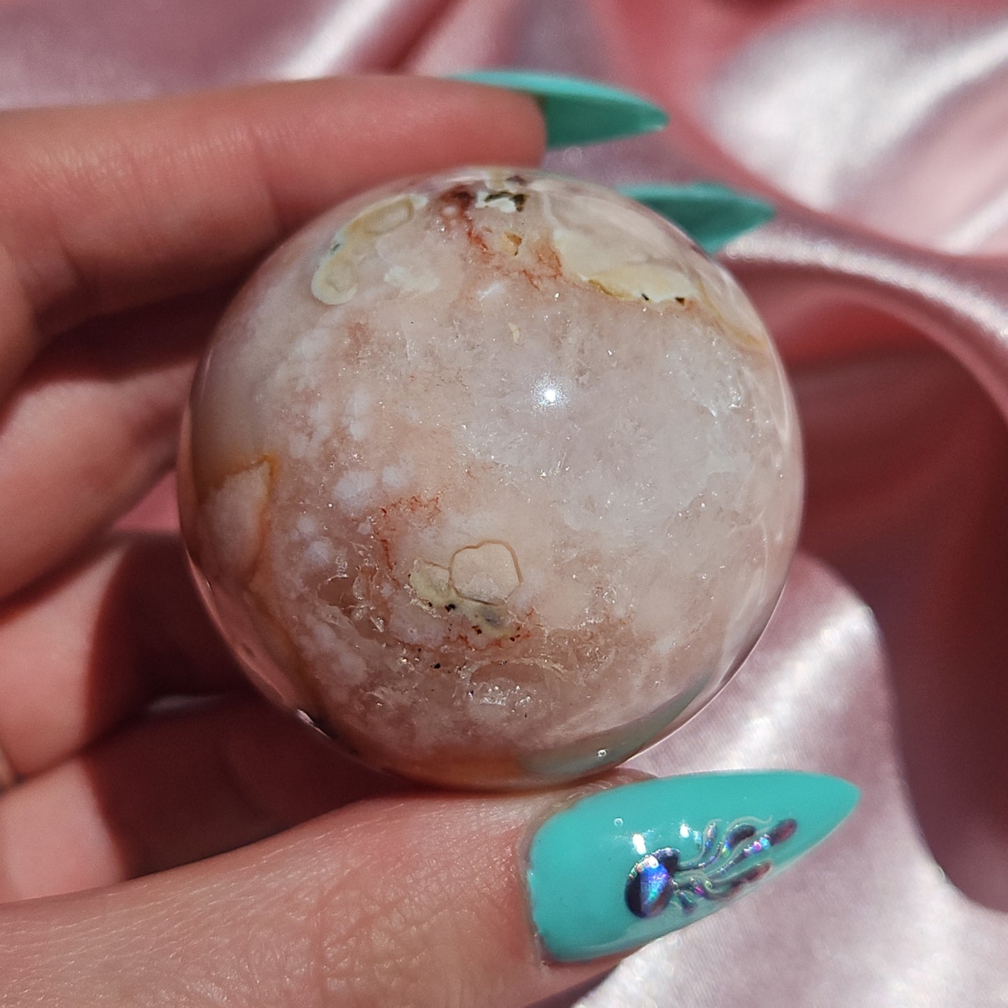 Pink flower agate/ Carnelian sphere