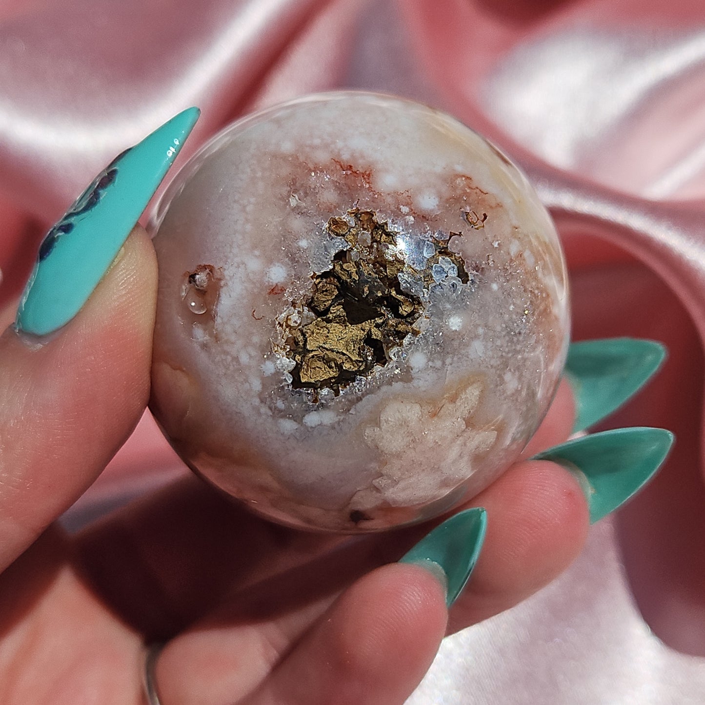 Pink flower agate/ Carnelian sphere
