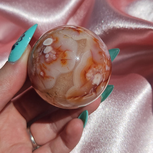 Pink flower agate/ Carnelian sphere