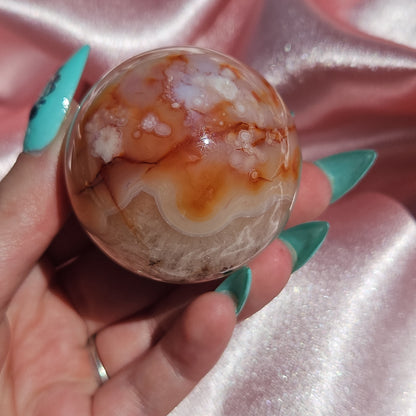 Pink flower agate/ Carnelian sphere