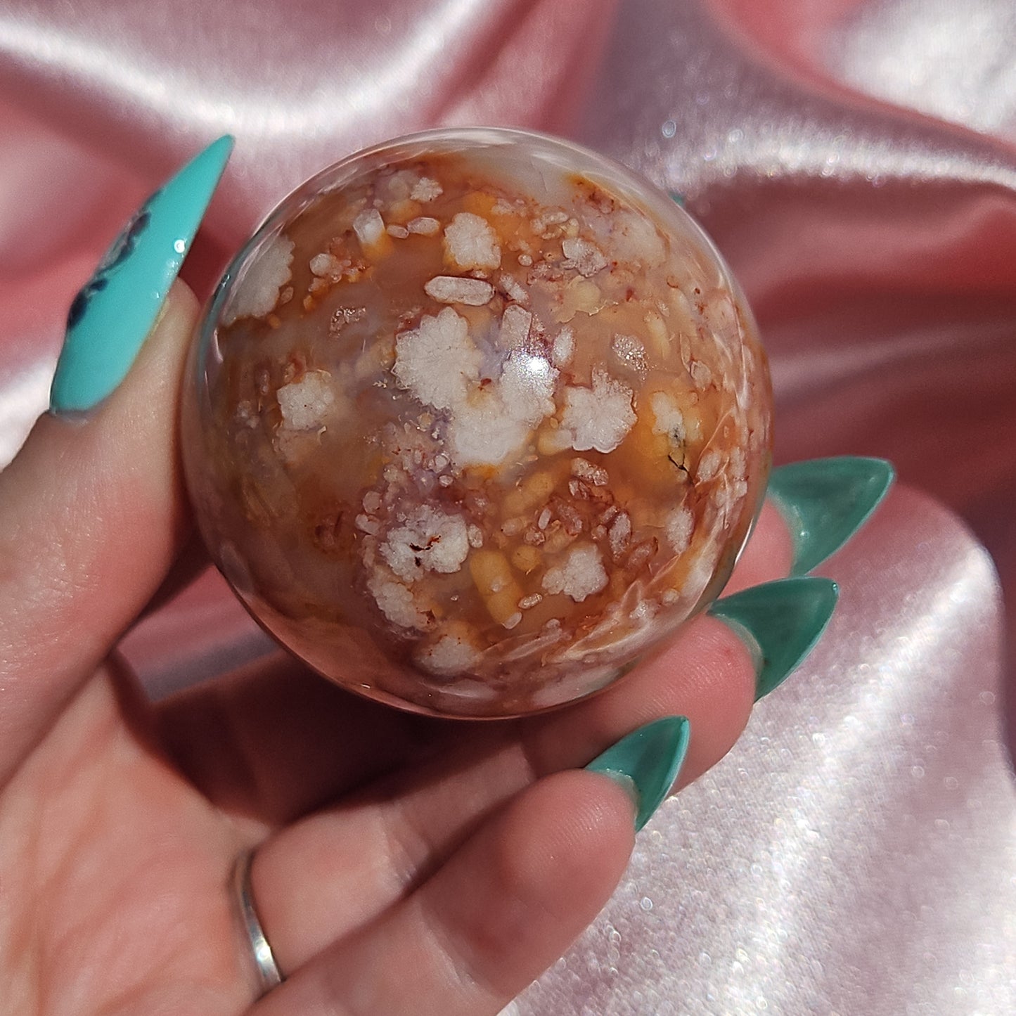 Pink flower agate/ Carnelian sphere
