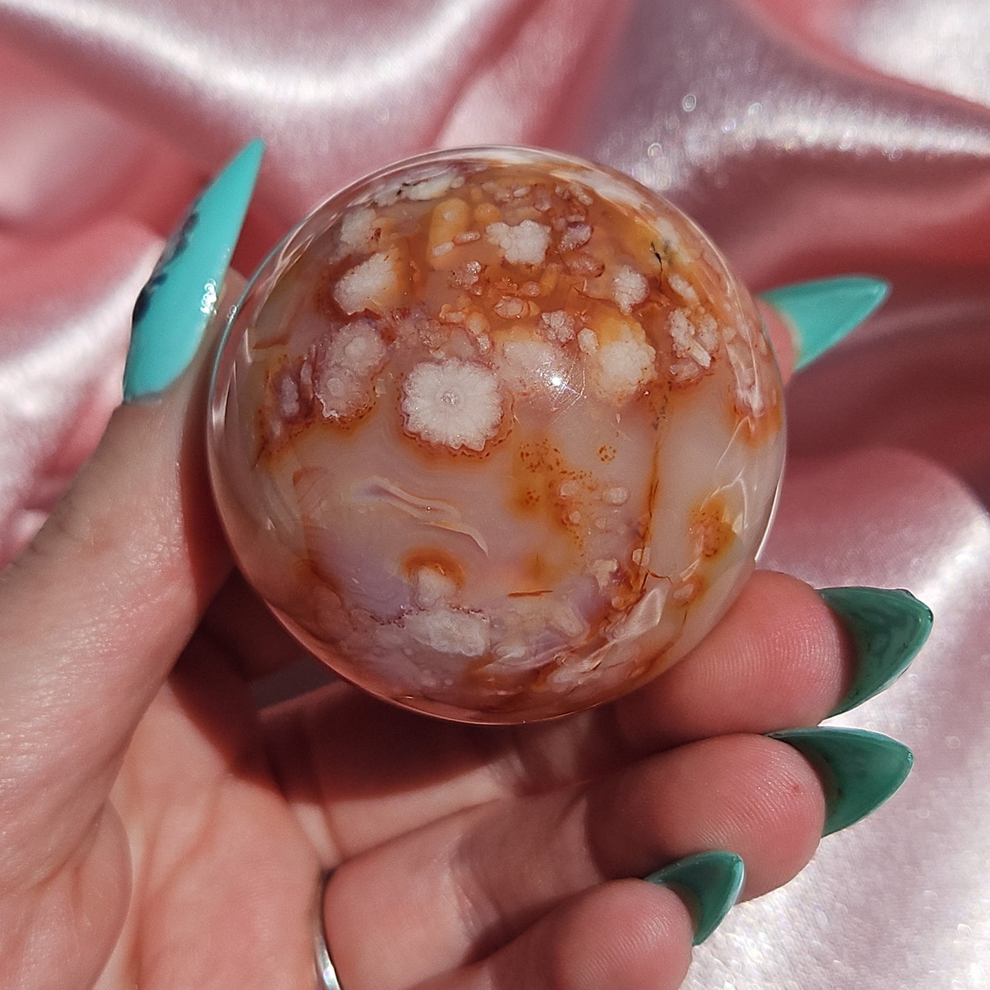 Pink flower agate/ Carnelian sphere