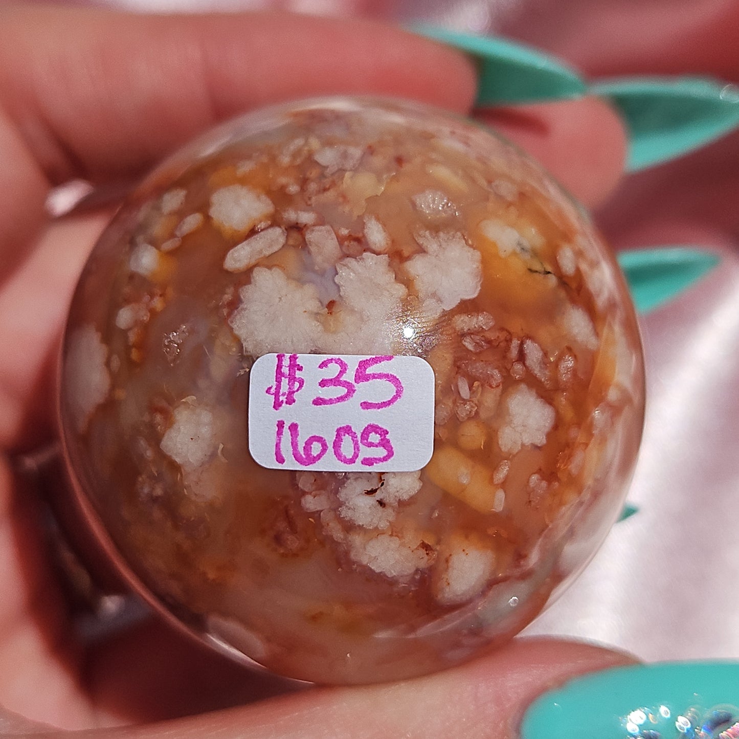 Pink flower agate/ Carnelian sphere