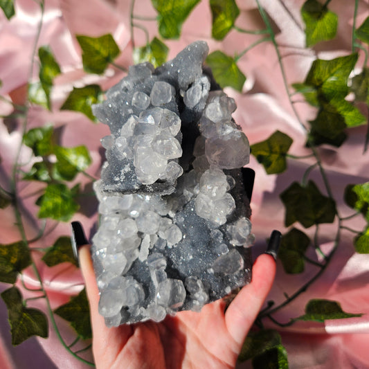 Uv reactive calcite on black chalcedony statment piece