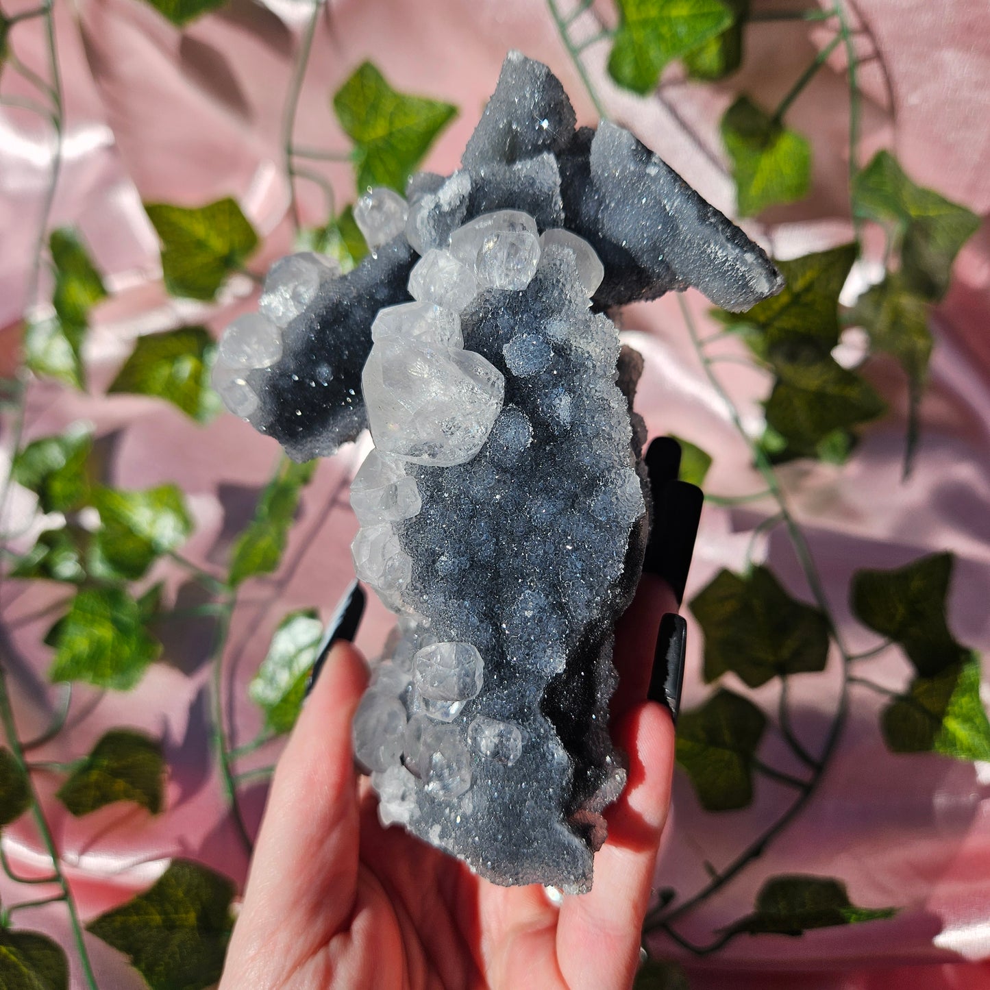 Uv reactive calcite on black chalcedony statment piece