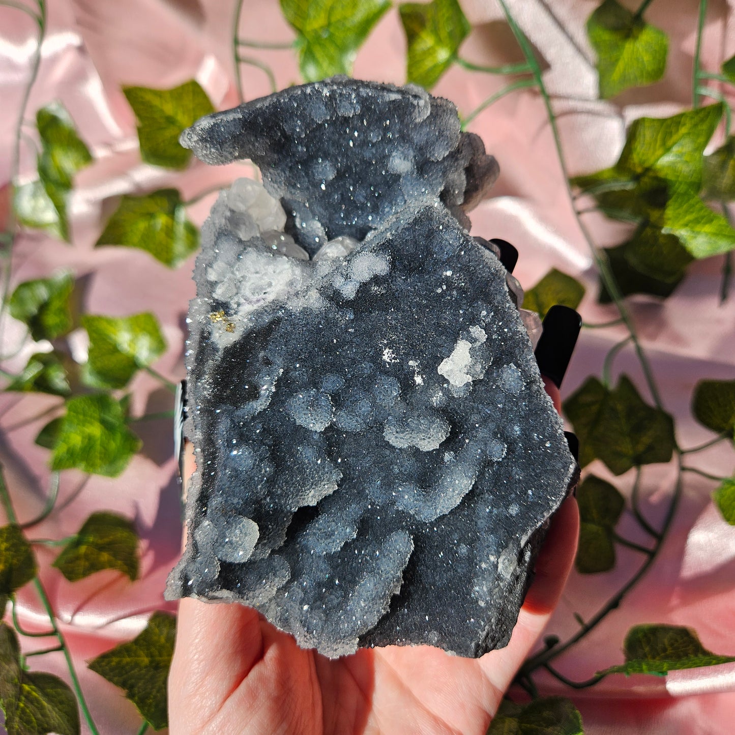 Uv reactive calcite on black chalcedony statment piece
