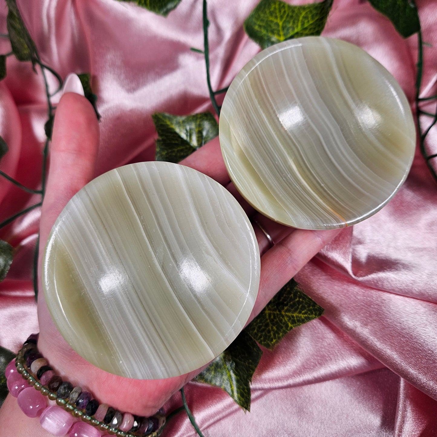 Banded green onyx trinket bowl
