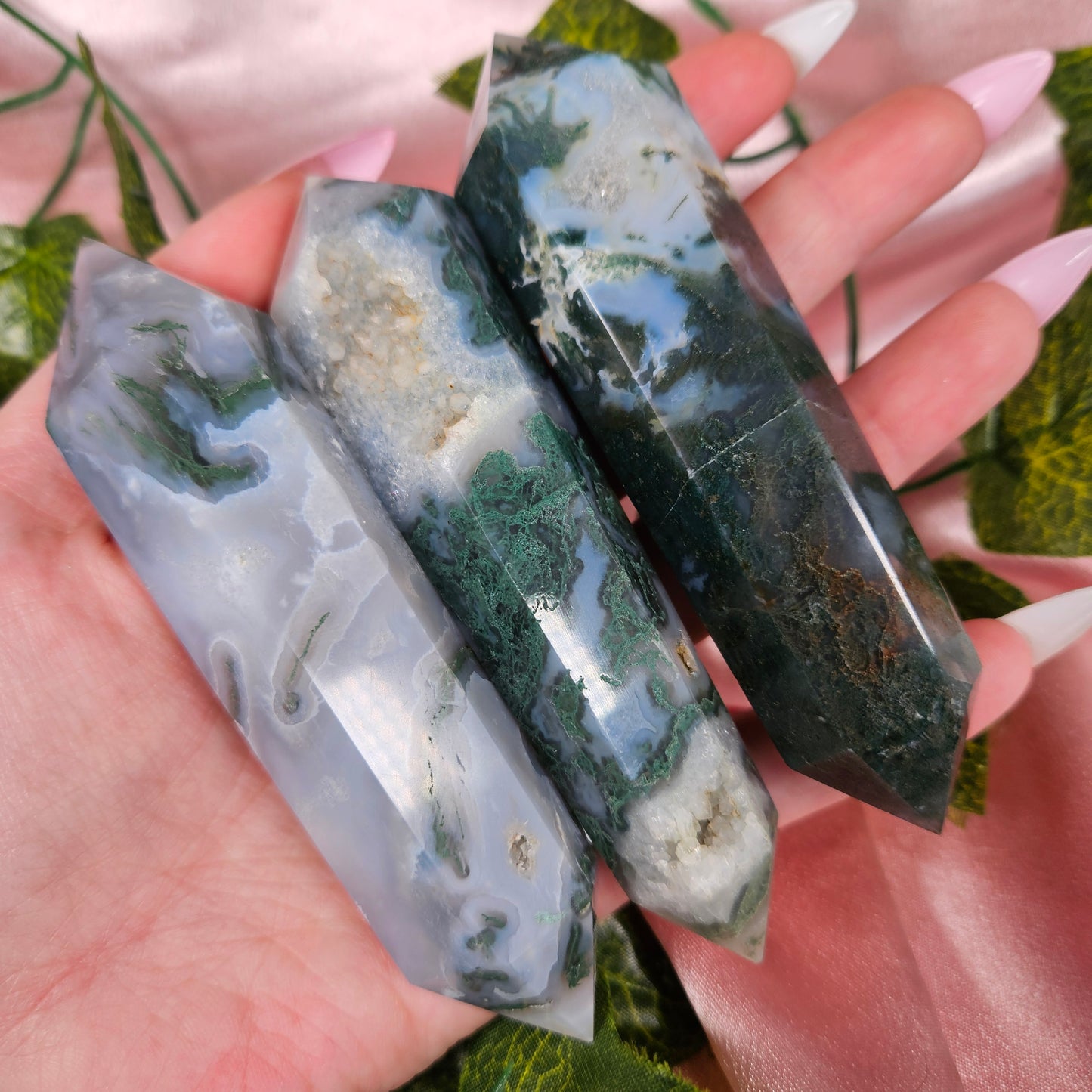 Moss agate double point