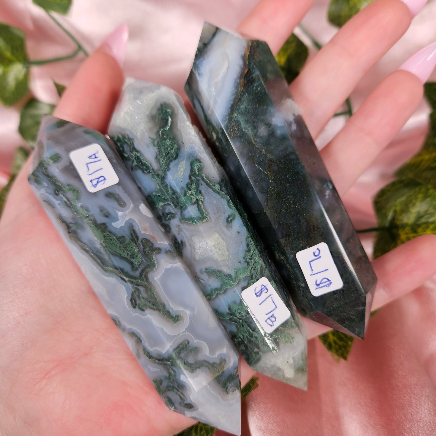 Moss agate double point