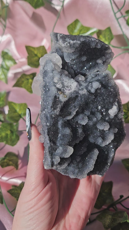 Uv reactive calcite on black chalcedony statment piece