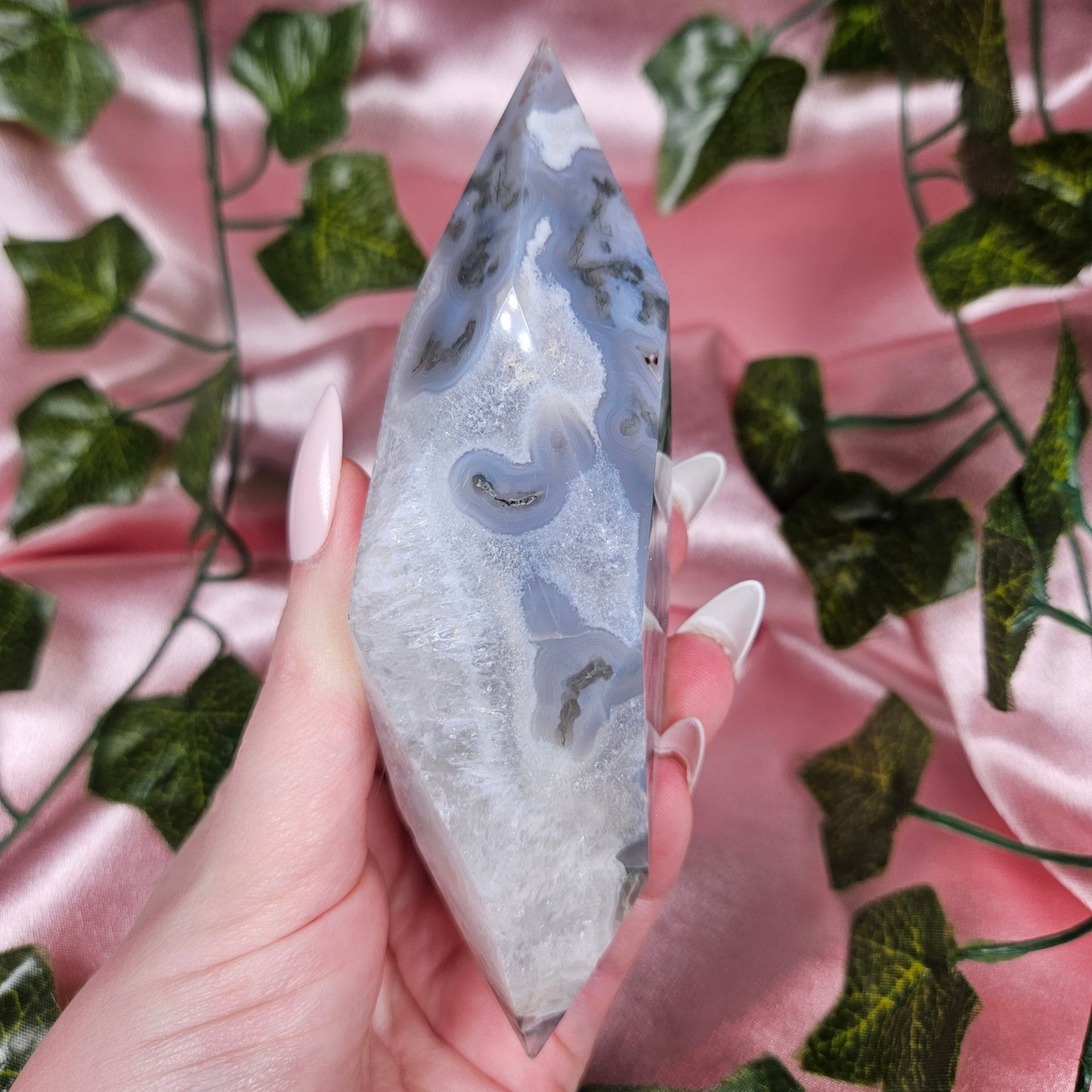 Moss agate diamond on stand