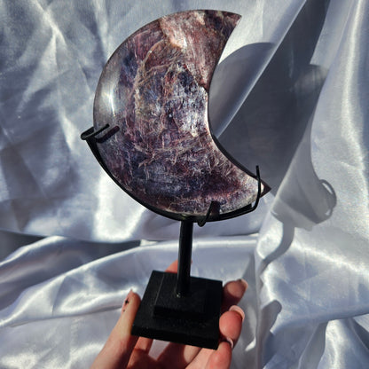High quality lepidolite moon on stand