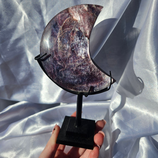 High quality lepidolite moon on stand