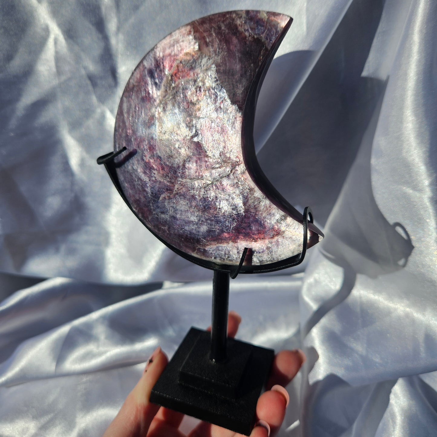 High quality lepidolite moon on stand
