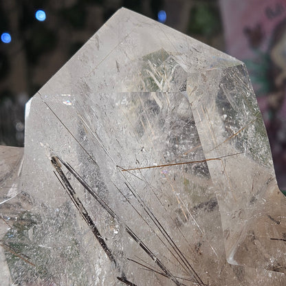 Black tourmaline & rutile in quartz on a stand