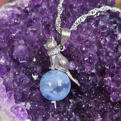 Blue rabbit hair crystal ball & kitty necklace