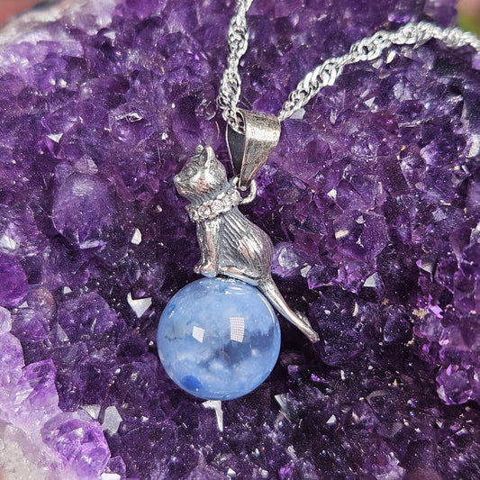 Blue rabbit hair crystal ball & kitty necklace