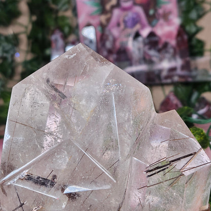 Black tourmaline & rutile in quartz on a stand