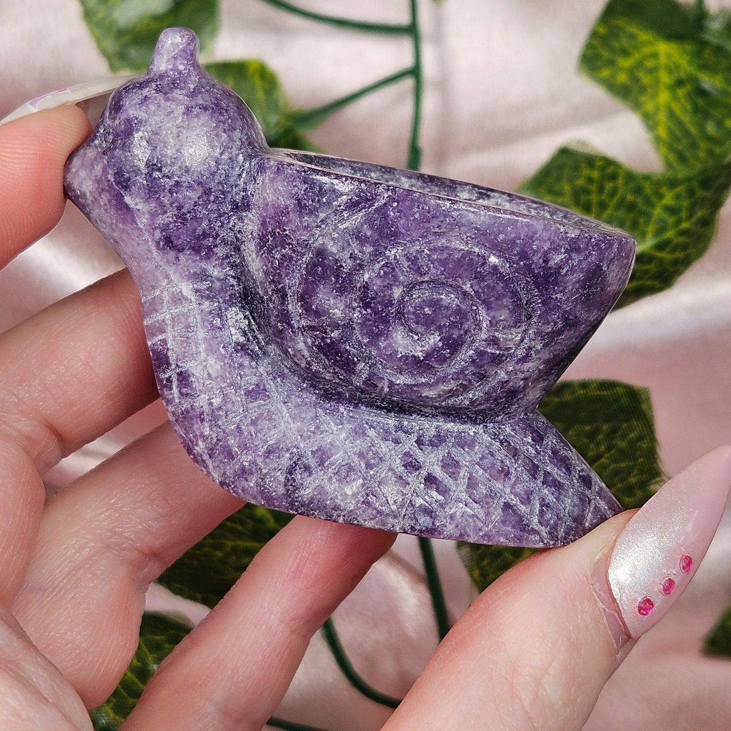 Lepidolite snail sphere holer