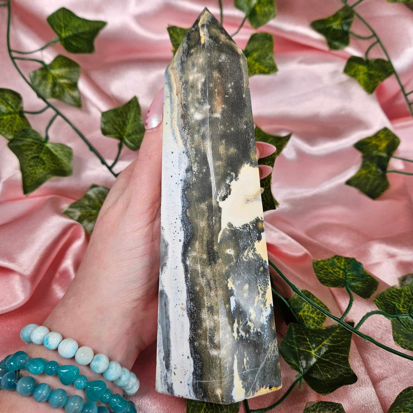 Druzy Ocean jasper tower with pyrite