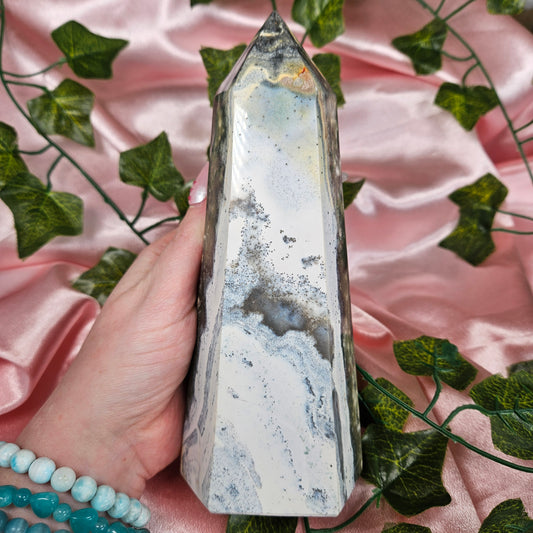 Druzy Ocean jasper tower with pyrite