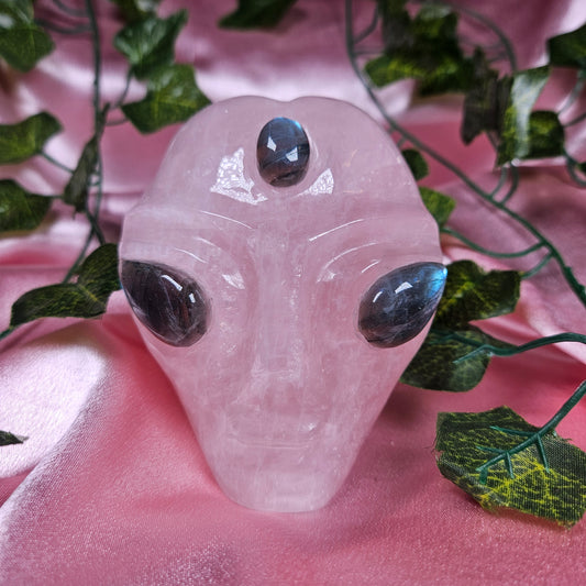Rose quartz & labradorite alien head