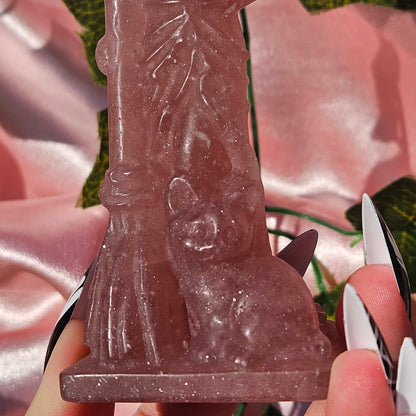 Strawberry quartz witch & cat