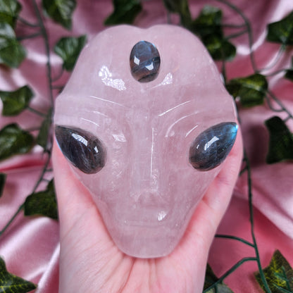 Rose quartz & labradorite alien head