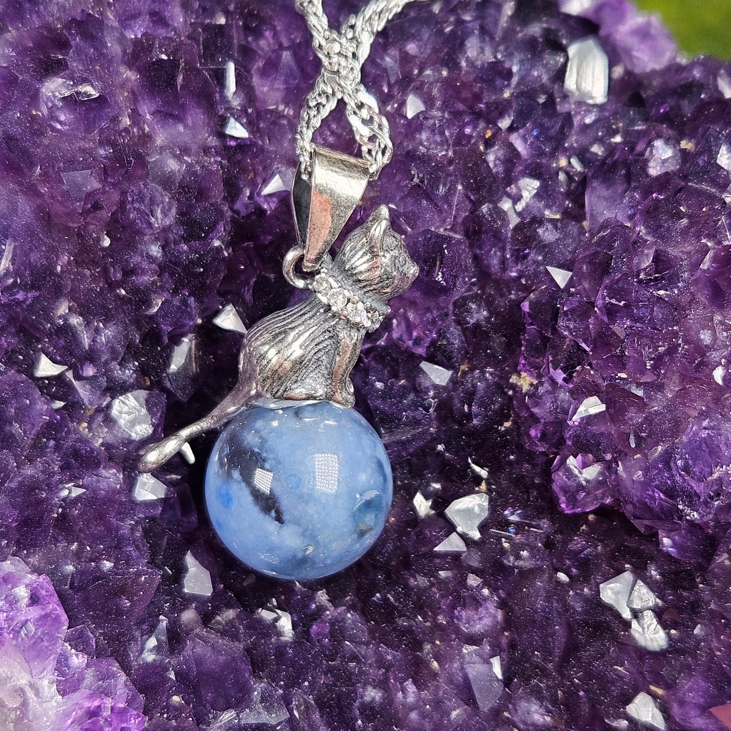 Blue rabbit hair crystal ball & kitty necklace