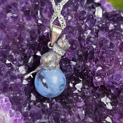 Blue rabbit hair crystal ball & kitty necklace