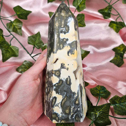 Druzy Ocean jasper tower with pyrite