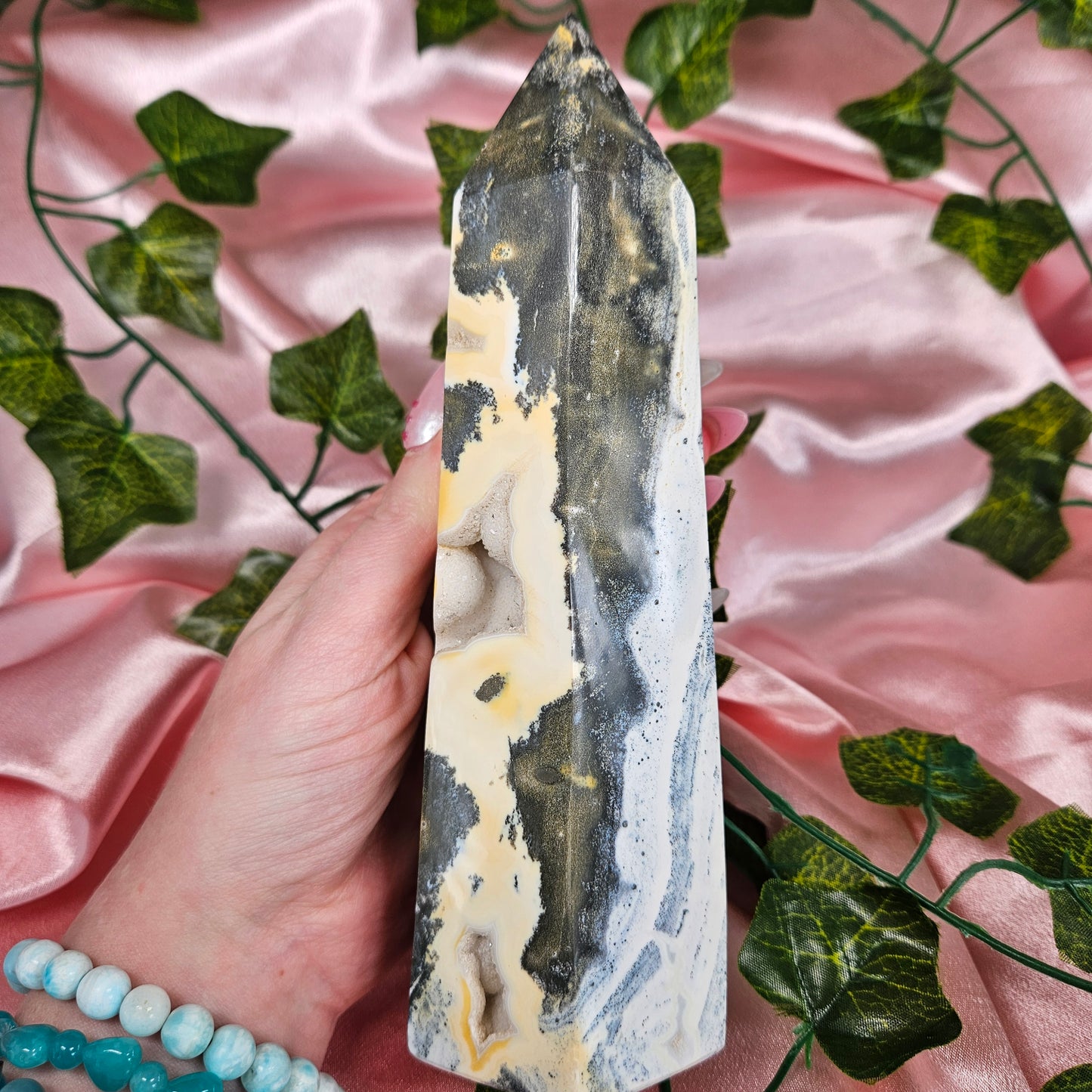 Druzy Ocean jasper tower with pyrite