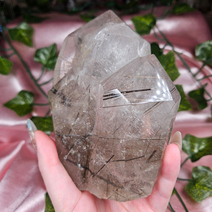 Black tourmaline & rutile in quartz on a stand