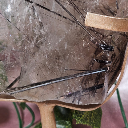 Black tourmaline & rutile in quartz on a stand