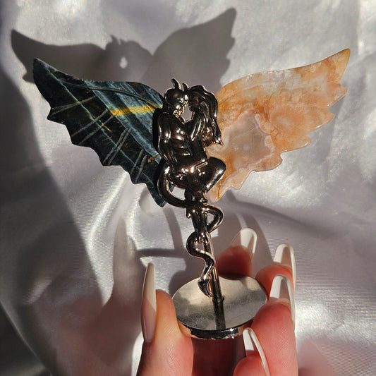 Flower agate & blue tiger eye angel/devil