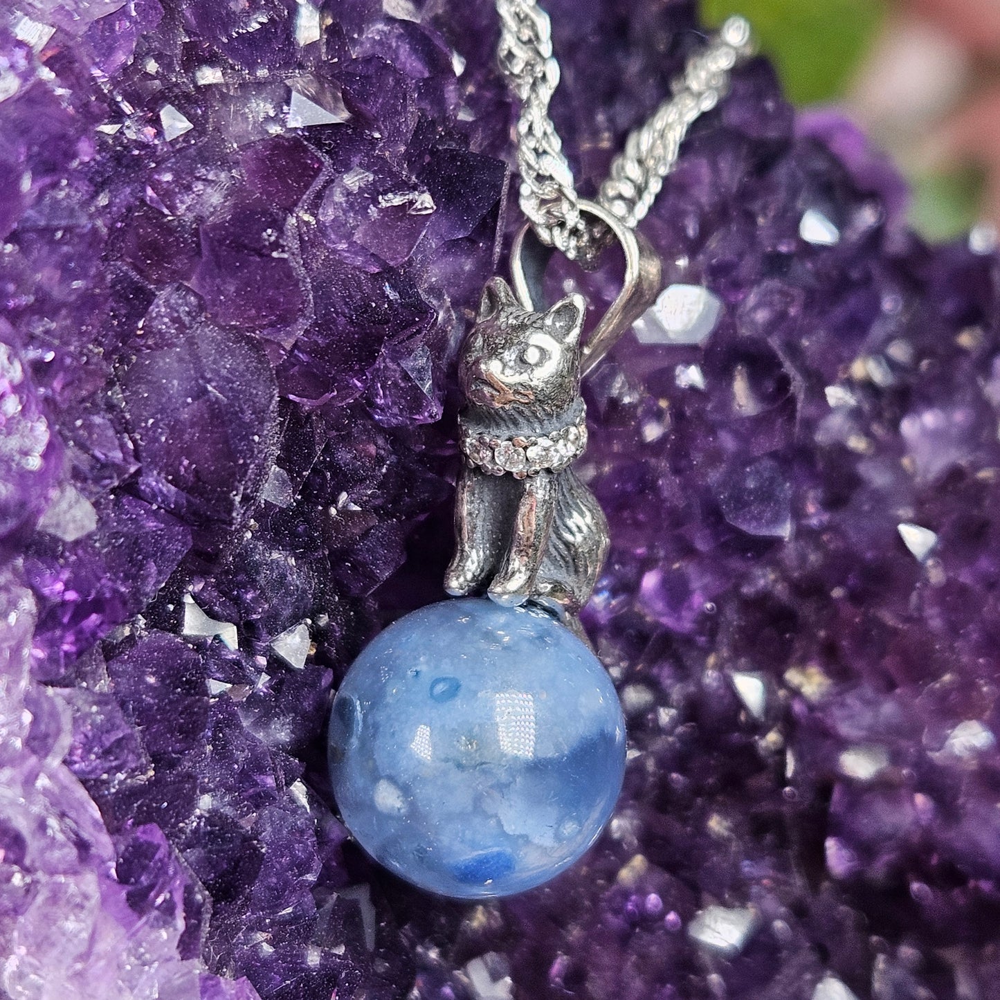 Blue rabbit hair crystal ball & kitty necklace
