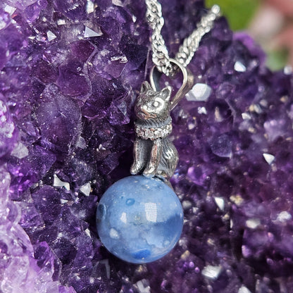 Blue rabbit hair crystal ball & kitty necklace