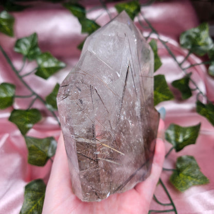 Black tourmaline & rutile in quartz on a stand