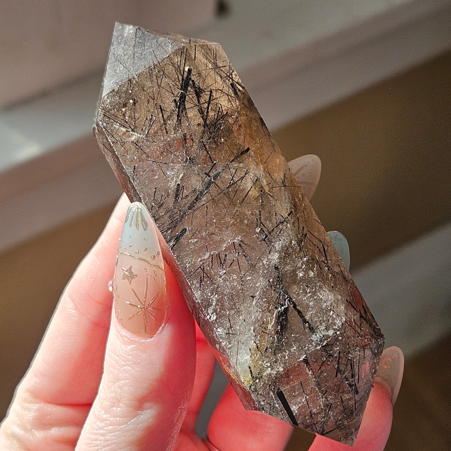 Black tourmaline in quartz double point