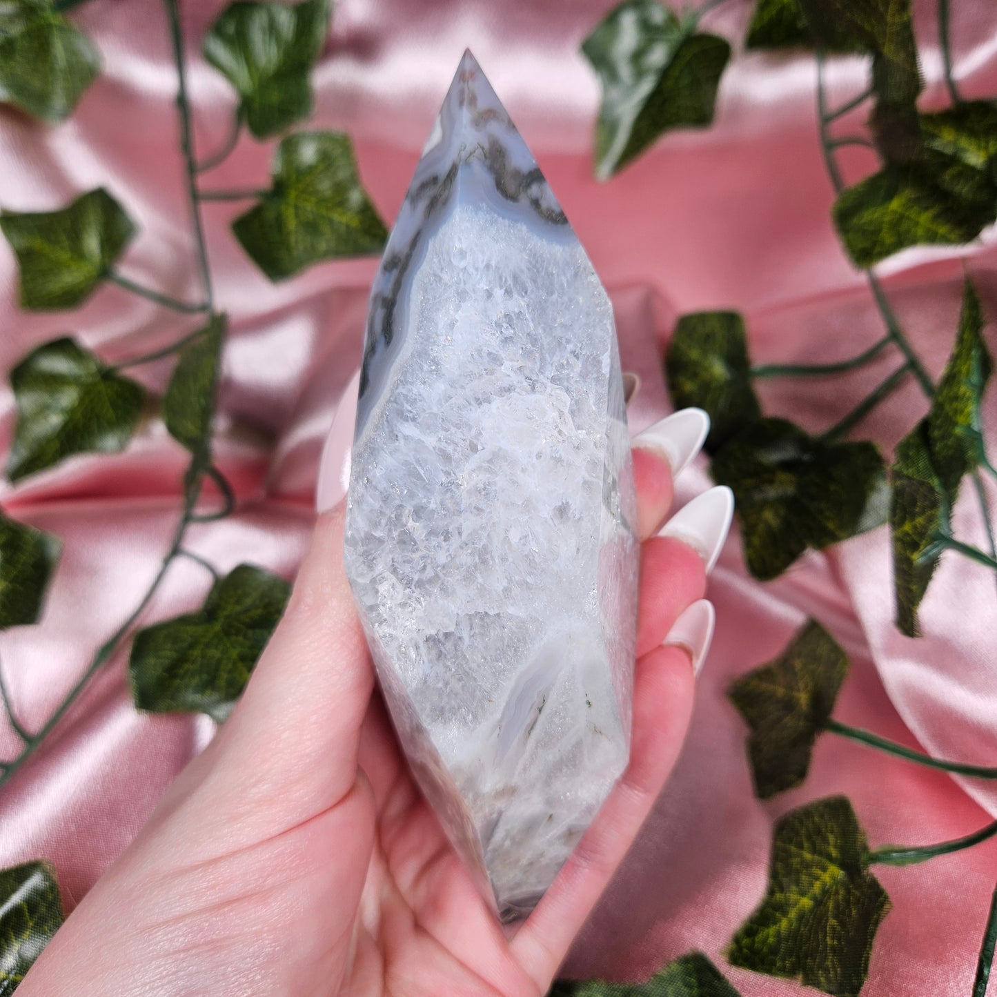 Moss agate diamond on stand